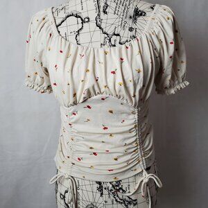 Self Esteem Short Sleeve Cream with Floral Print Knit Cropped Top